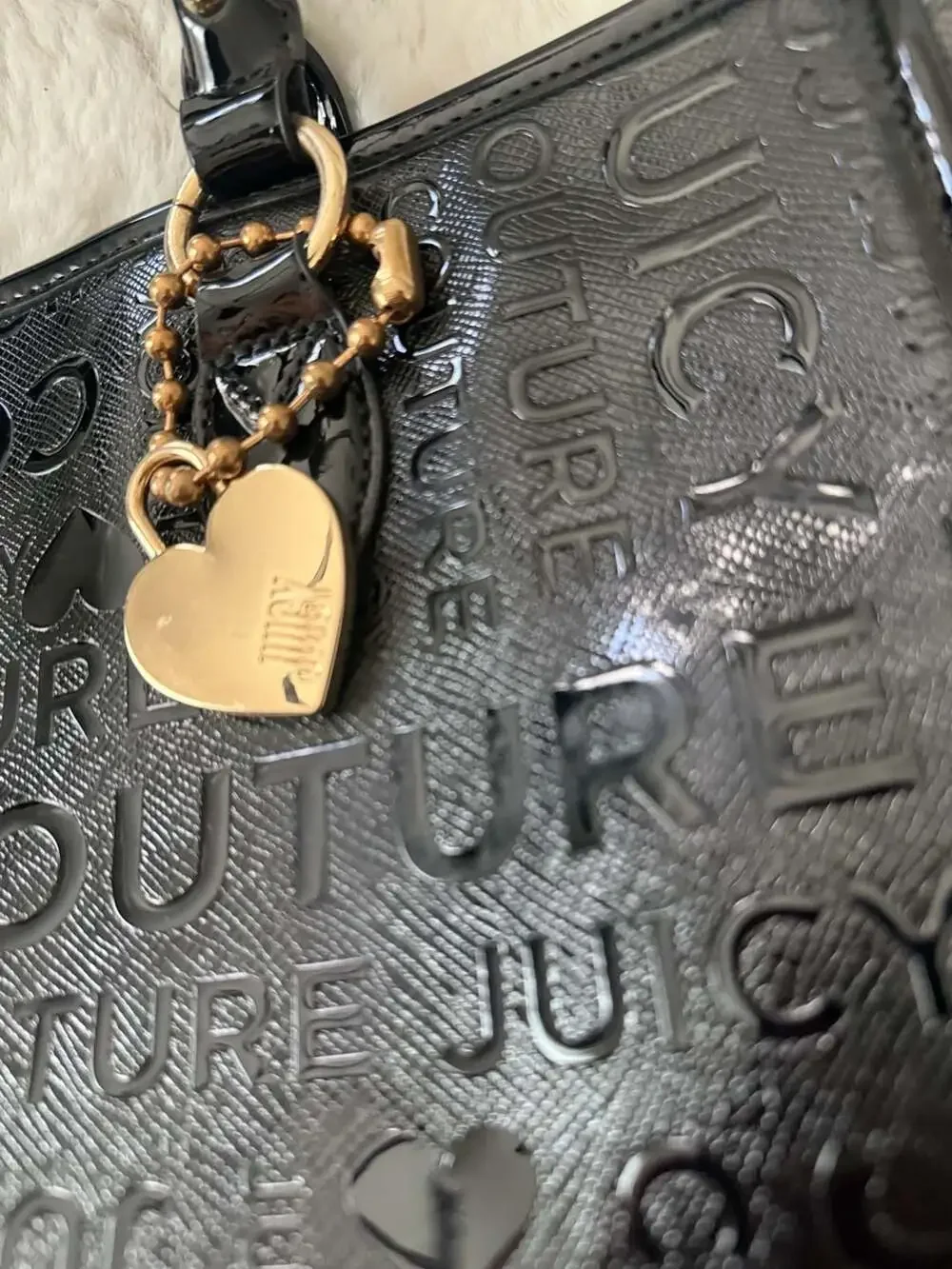 Y2K Juicy Couture Black Debossed Logo Satchel Handbag with Heart Lock Charm